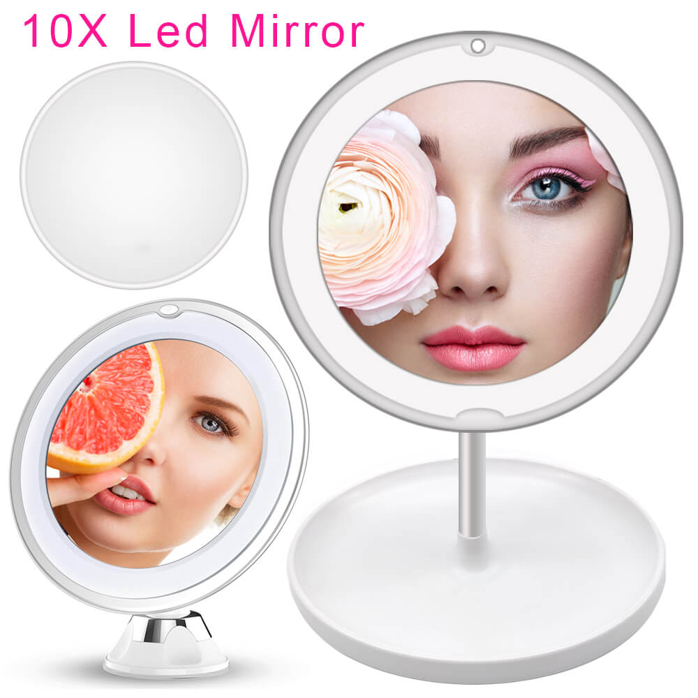 10X LED Light Makeup Mirror Lamp Magnifier Battery Portable Hand Vanity Glass Mini Miroir Bathroom Cosmetic Bath Suction Cup