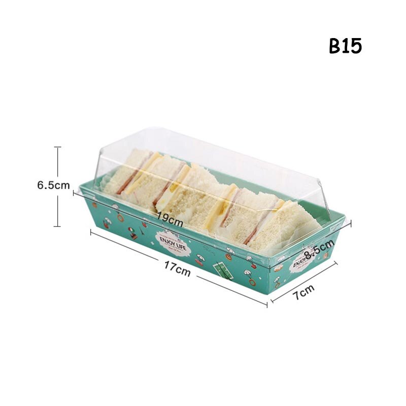 Engångsmacka kartong brödlåda puffar genomskinligt lock förpackningslåda bageri snacks förpackningslåda snabbmatslåda take away: B15