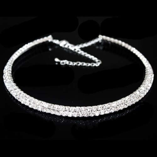 Luxe choker ketting met strass steentjes voor vrouwen, bruiloft, verjaardag, bruidssieraden, zilveren ketting, eenvoudige korte ketting: 2 rij kristal