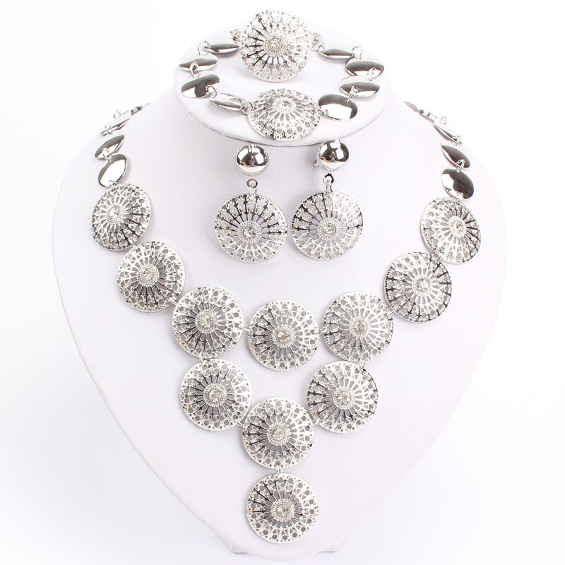 Afrikanische Braut Zubehör Nigerian Hochzeit Schmuck Dubai Gold-Farbe Kristall Schmuck einstellen Blume bilden Halskette einstellen: Silber-