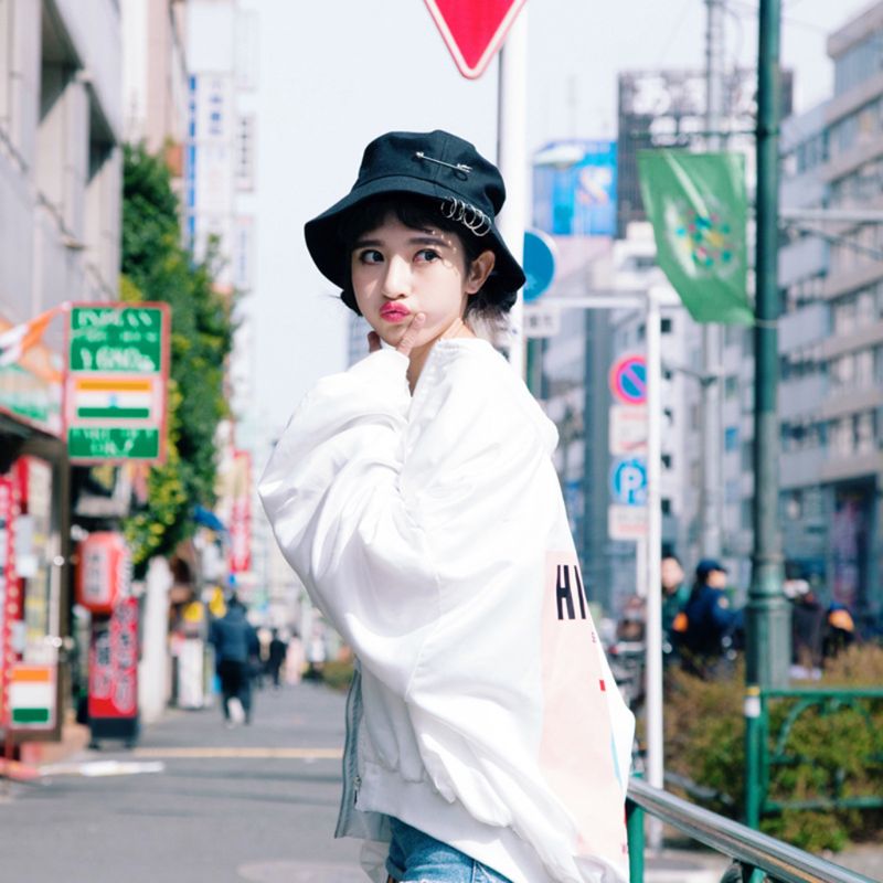 Harajuku Punk algodón personalidad sombrero de cubo Metal Pin o-anillos Color sólido ala ancha protector solar plegable Hip Hop pescador Cap