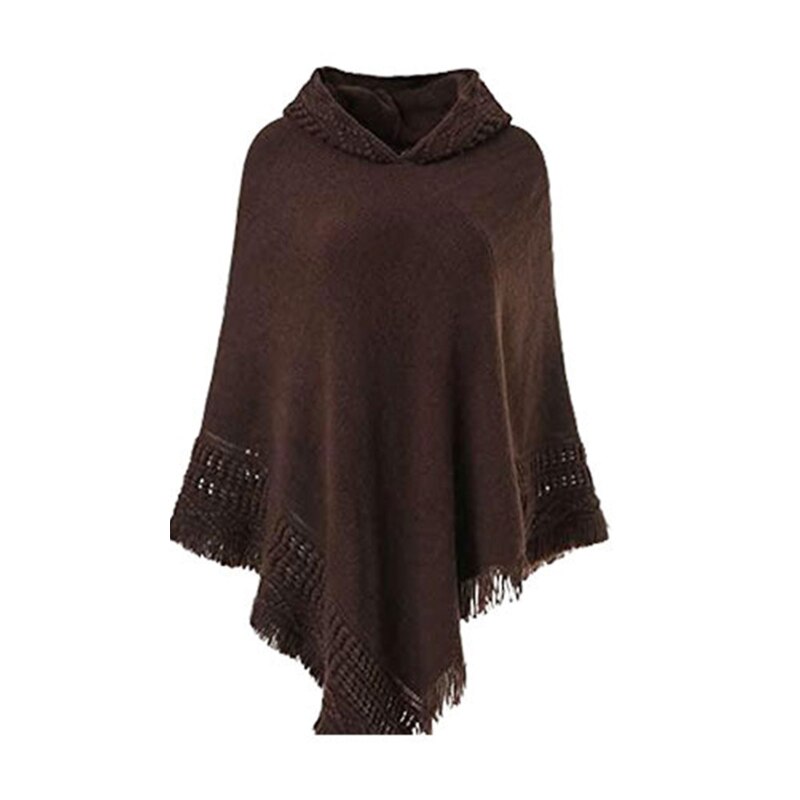 Femmes hiver tricot à capuche Poncho Cape Crochet frangé gland châle Wrap pull M89E: Café