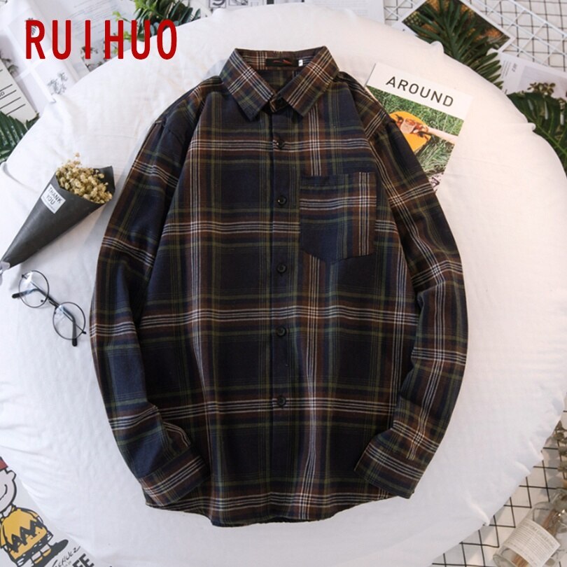 Ruihuo våren lange ermer rød rutete skjorte herre slim fit bomull fritidsskjorter herre klær merke pluss størrelse m -3xl