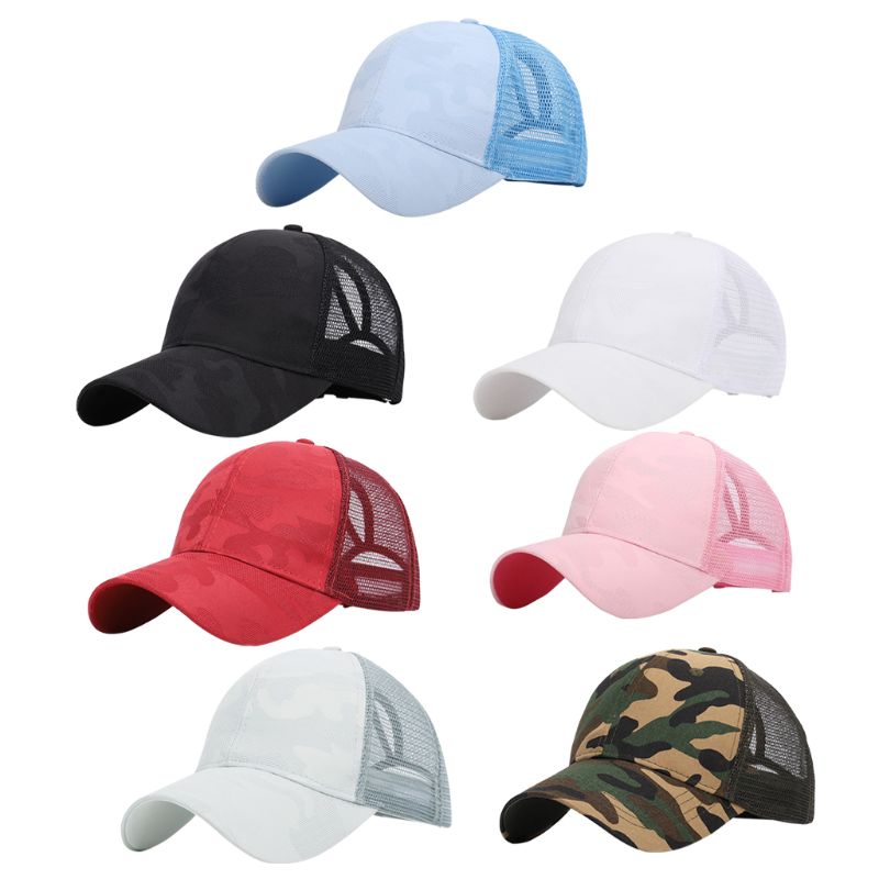 Frauen Sommer modisch Pferdeschwanz chaotisch Brötchen Baseball Deckel Hüfte hüpfen Tarnung Jacquard Gittergewebe Zurück Einstellbare Hysterese Hütte