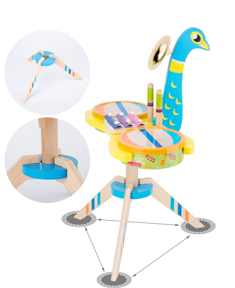 Baby Toys Peacock Drum Kit Children Musical Instruments Wooden Toys For Kids Xylophone Toys Educational Birthday