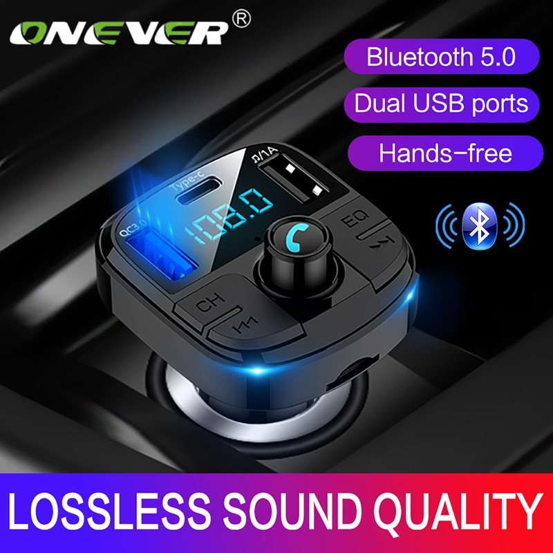 Onever Bluetooth 5.0 Fm Transmitter Car Kit MP3 Modulator Auto-oplader QC3.0 Dubbele Usb Met Led Rooster Screen Eq Modus