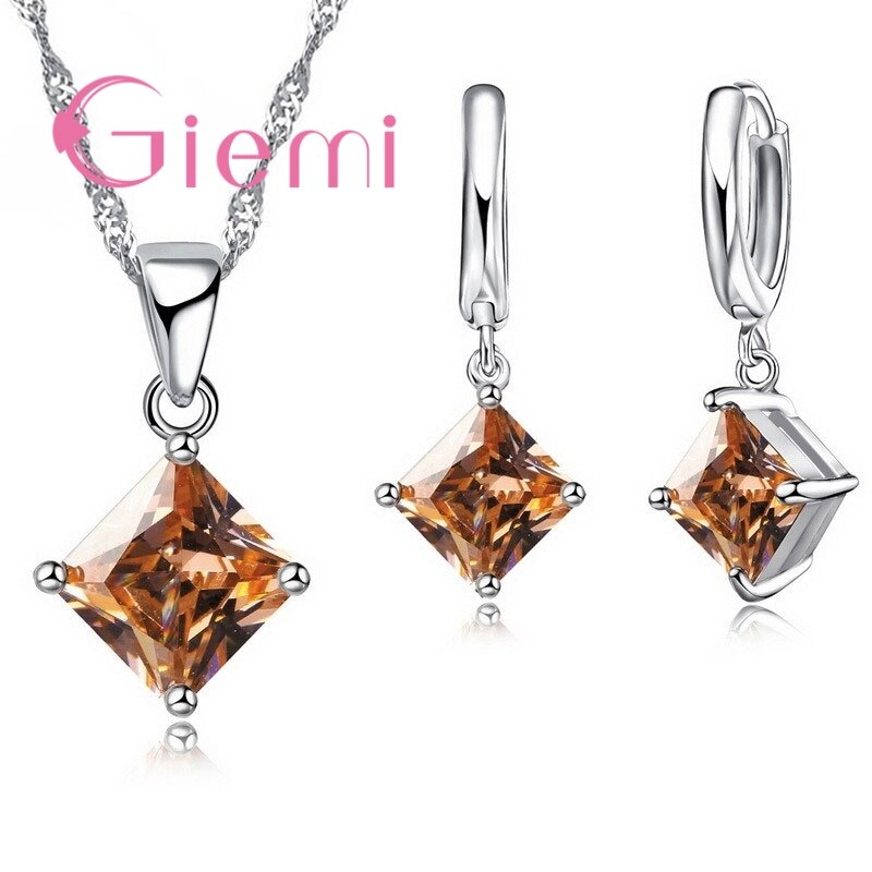 8 cores conjuntos de jóias feminino alta qualidade 925 prata esterlina cz cristal colar/brincos festa jóias atacado: Champagne