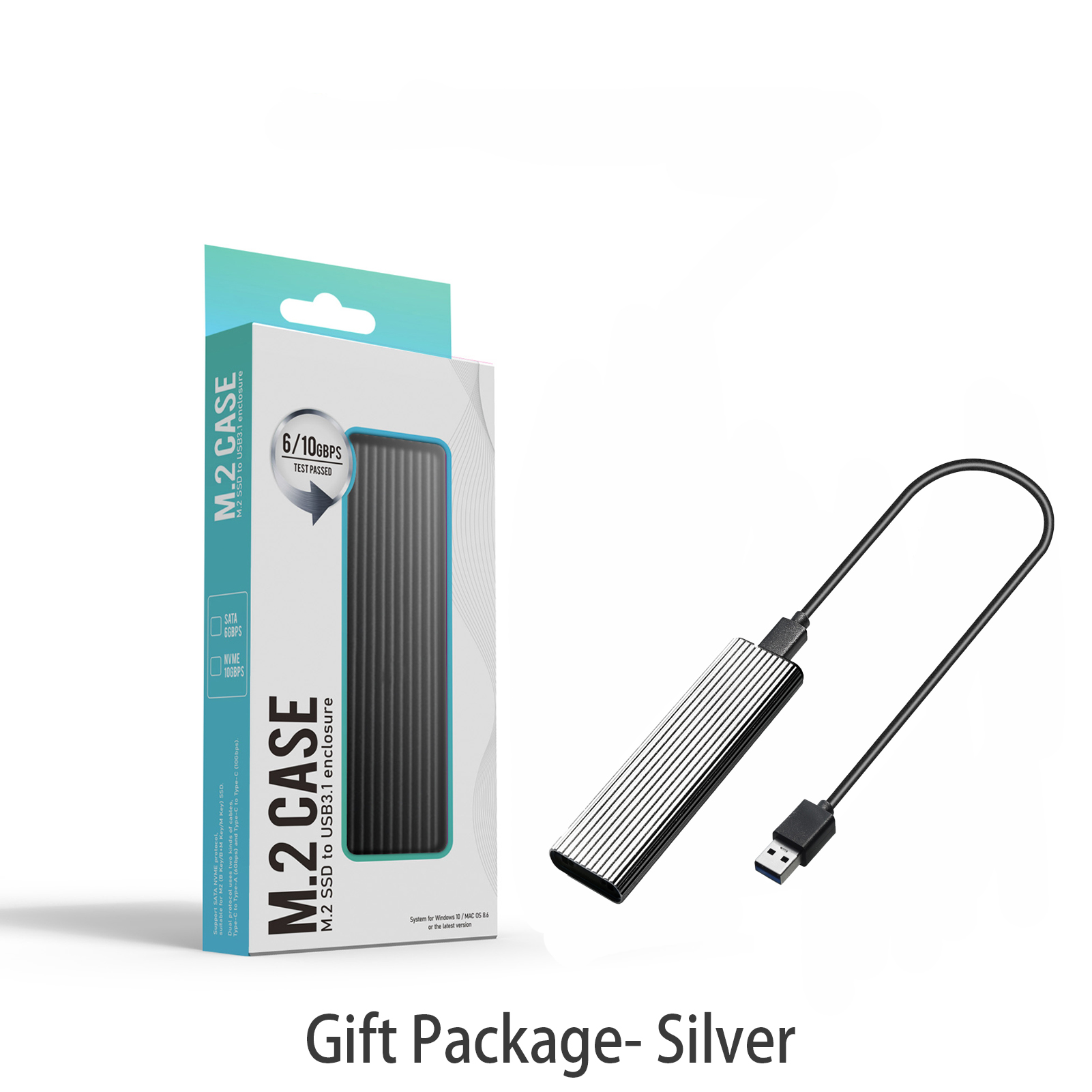 M.2 NVMe SATA SSD Enclosure Reader,10Gbps USB C 3.1 Gen2 NVMe External Enclosure Supports M key B&M Key 2230/2242/2260/2280 SSD: Silver