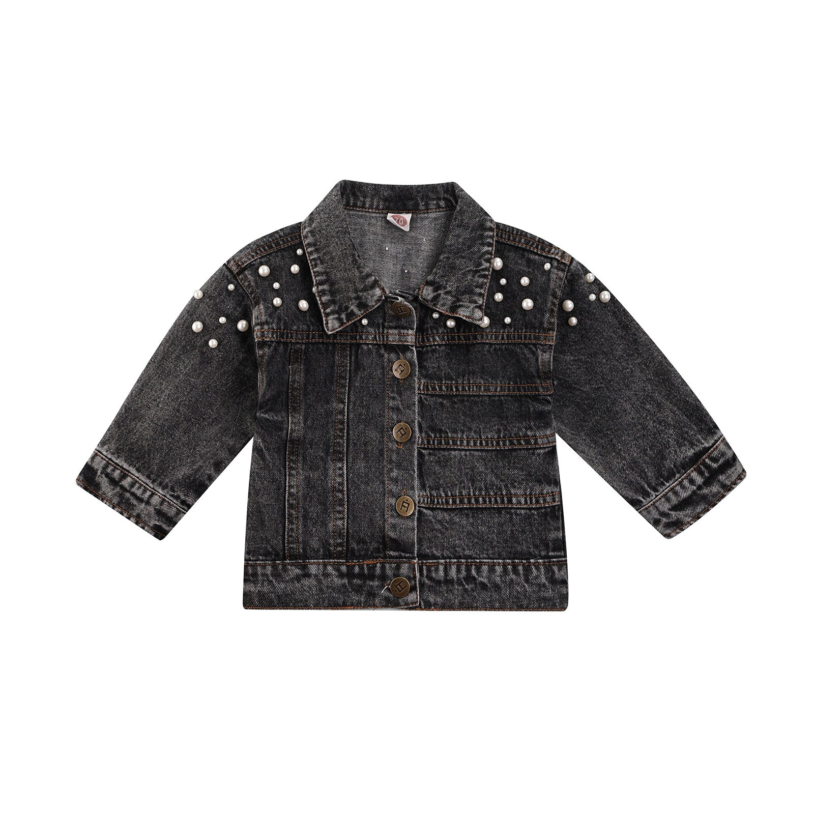 Kid Meisje Jongen Jas, Lange Mouwen Denim Parel Revers Knoppen Vest Jurk Fall Losse Tops, Zwart 6M-4Y