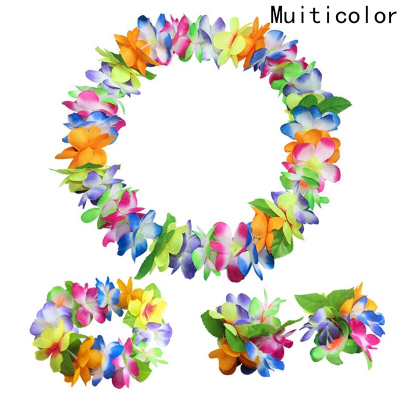 4 stuks/set kunstmatige hawaiiaanse feestkrans armband hoofdband ketting bloemenkrans bloemen diy krans verjaardagsfeestdecoratie: Multi