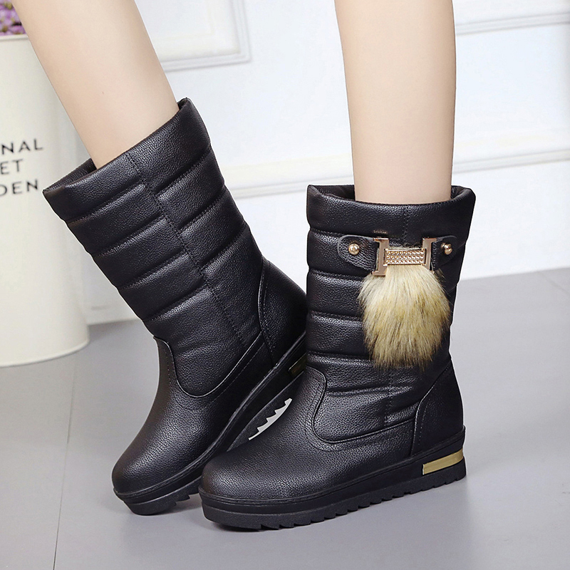 Damskie buty zimowe, damskie wysokie buty, zdobione cyrkoniami, ciepłe futrzane skórzane buty robić połowy łydki, damskie buty na platformie