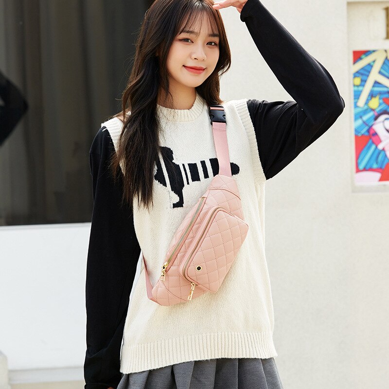 2022 linger brusttasche aus massivem pu-leder mit rautenmuster, damen-brusttasche, schwarze gürteltasche und geldbörse