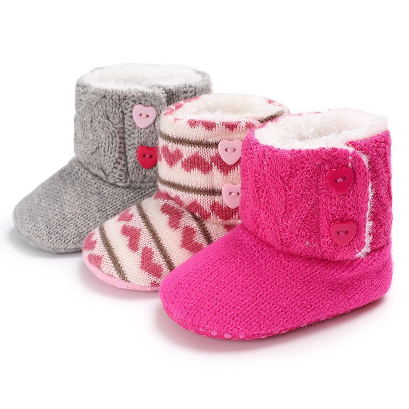 Winter Warm Cute Baby Boy Girl Infant Toddler Boots Shoes Heart Print Soft Knitted Slippers 0-18M 3 Style