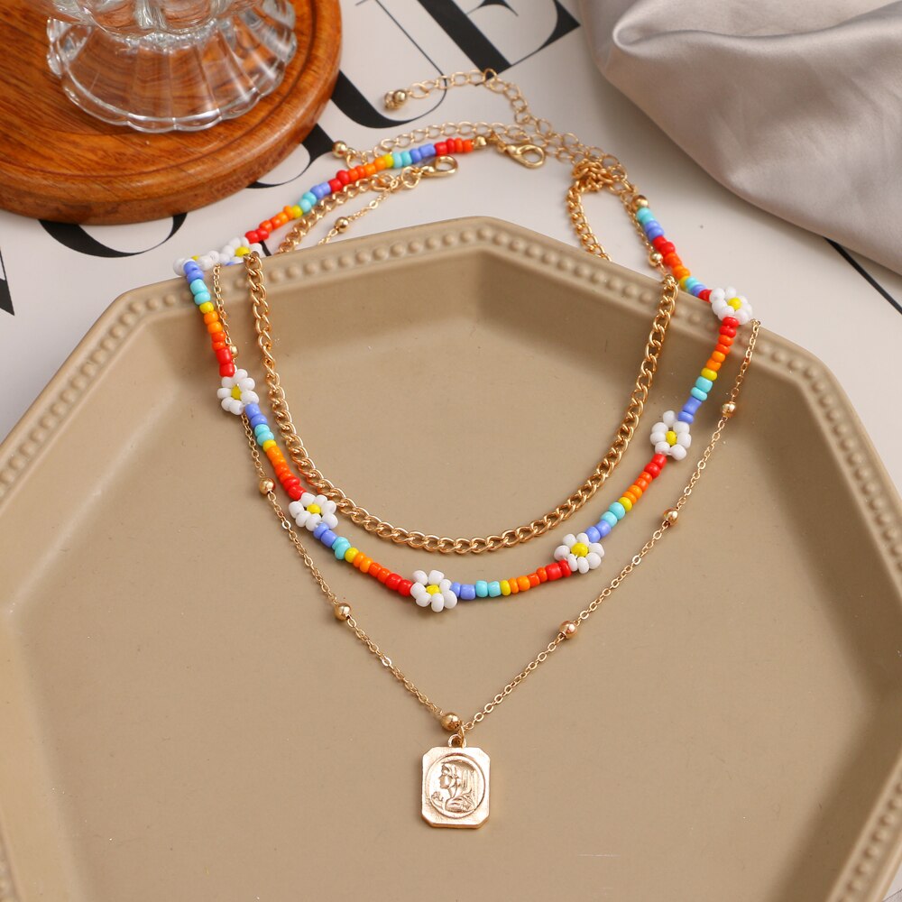 FNIO Y2K-collar con cuentas de flores para mujer, gargantilla de perlas cortas de colores bohemios, joyería femenina