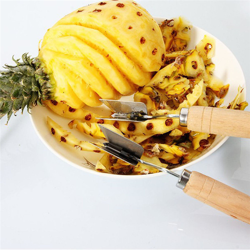 Træ anti-skrid håndtag 2 klinger ananas frugtskræller skærer sølv tone 1 stk