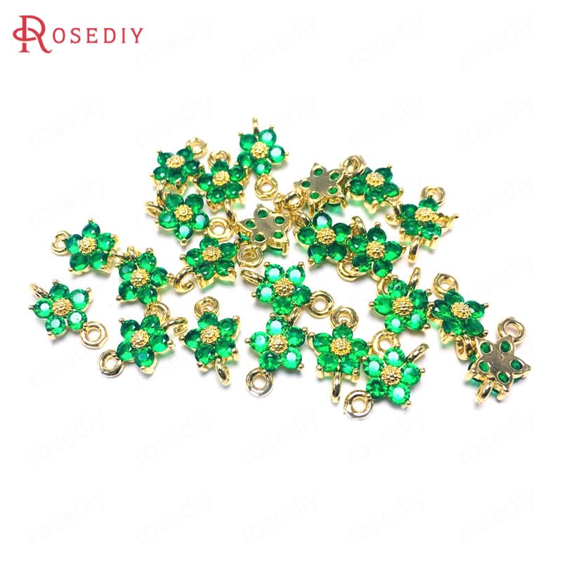 Breloques en laiton et Zircon, lot de 10 pièces de 8MM 24K couleur Champagne or 2 trous fleur connecter pendentifs fournitures de fabrication de bijoux: Green