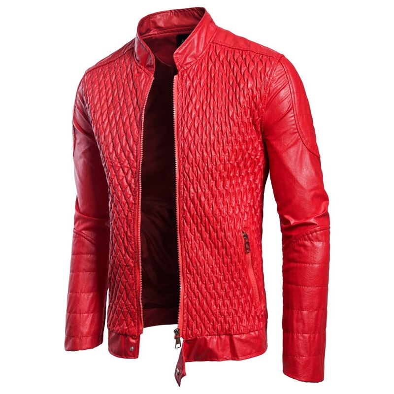 Nueva chaquetas de cuero rojo para hombre Abrigos de cuello alto diamante entramado motocicleta PU prendas de vestir exteriores para hombre chaqueta de abrigo de ropa