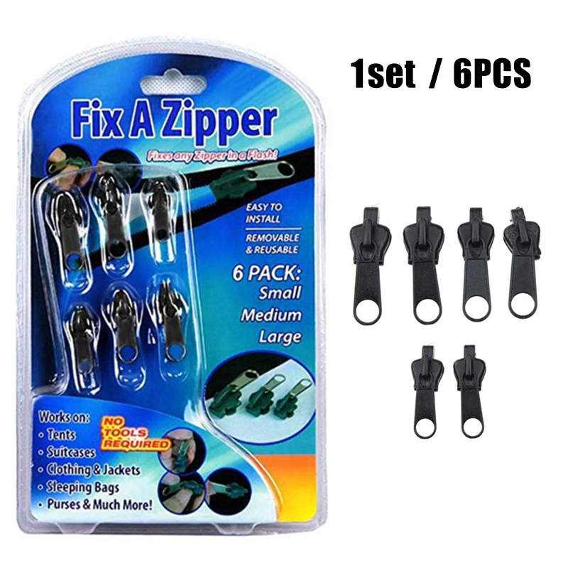 6Pcs/Set DIY Tools Universal Instant Fix Zipper Repair Kit Replacement Zip Slider Teeth Zippers For Sewing Clothes: black