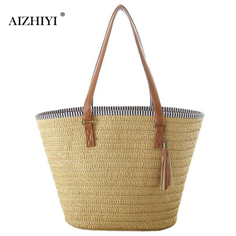 Frauen Einfache Stroh Handtasche Schulter Tasche Quasten Tote Sommer Strand Zipper Einkaufs Crossbody Reise Umhängetasche 3 Stil: Kakifarbig