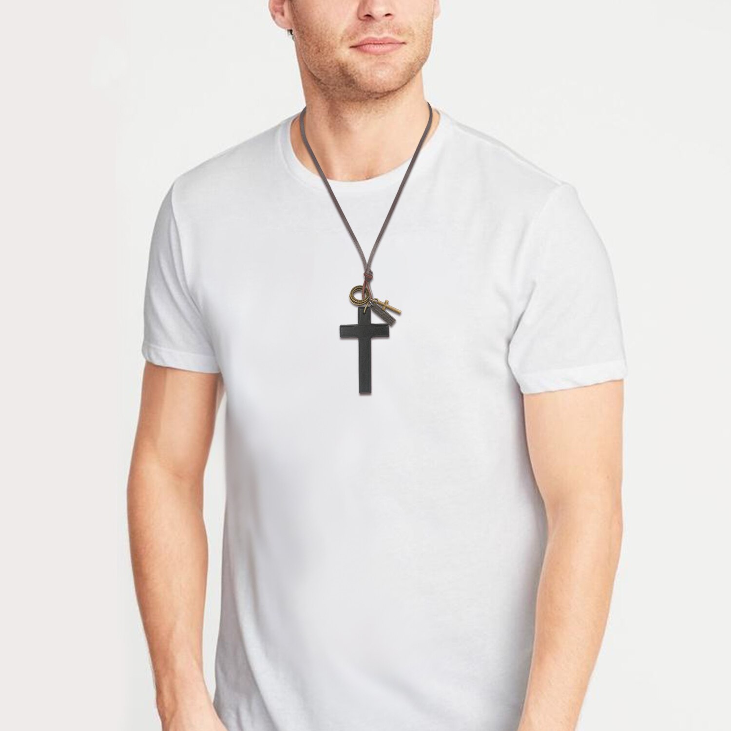 BONISKISS Vintage Wood Cross Necklaces For Men Adjustable Leather Necklace Cool Decoration For Man Birthday Male Jewelry