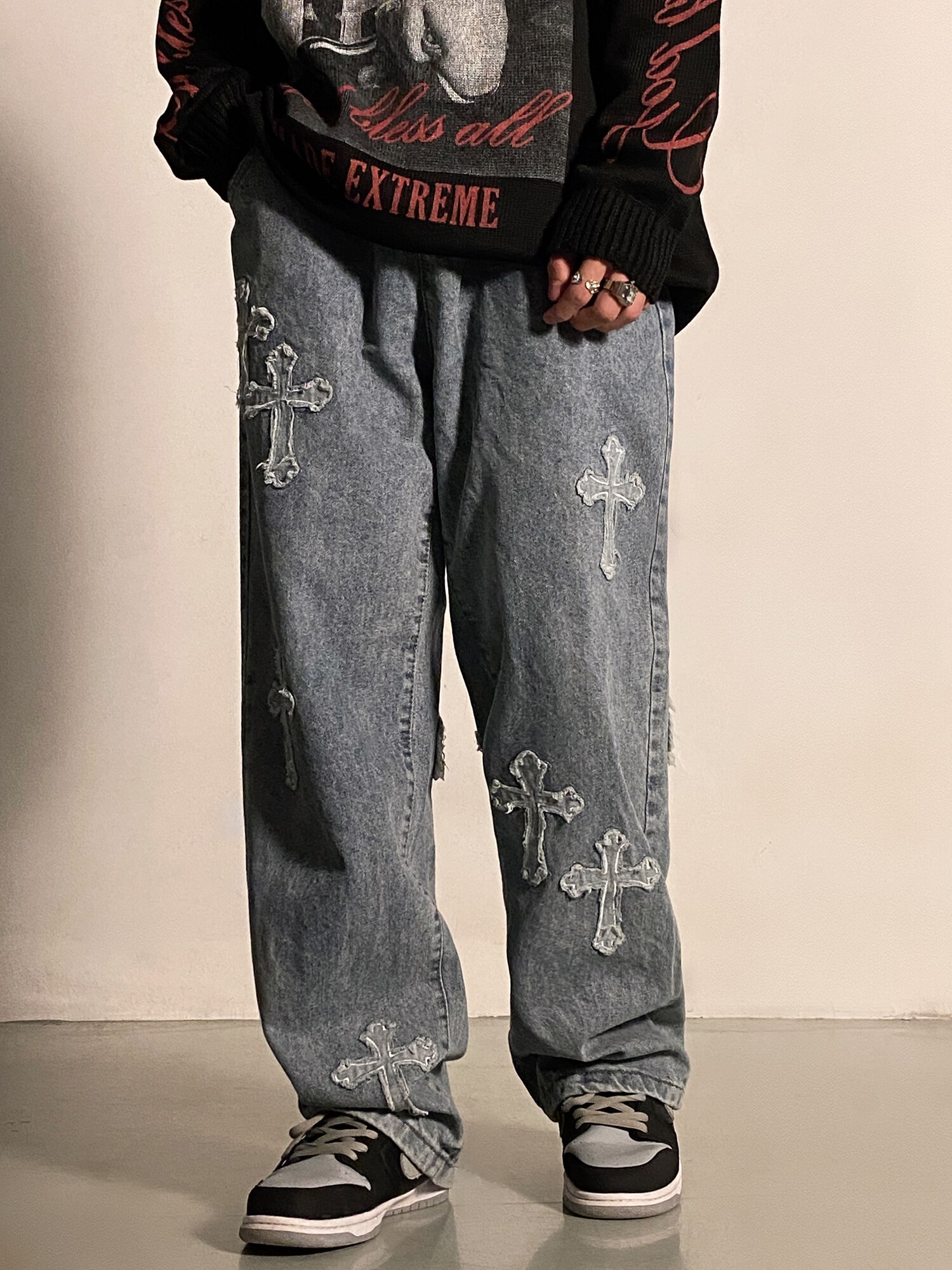 Men Wide-leg Pants Loose Lightning Print Tie Dye Denim Jeans Hip-hop Streetwear Rock Punk Casual Jeans Trousers