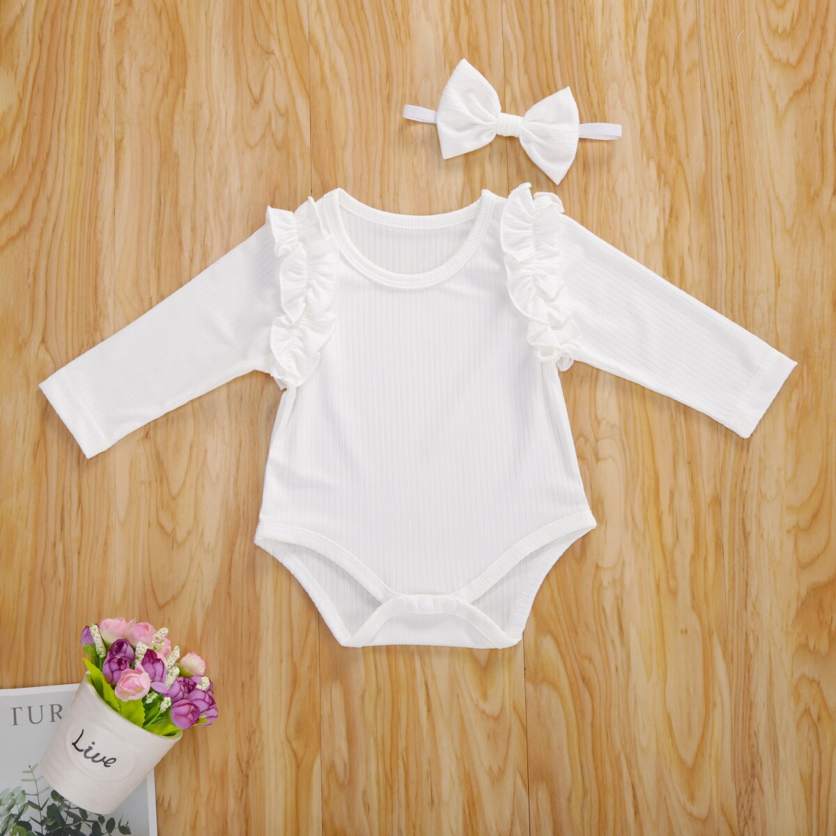 Focusnorm Herfst Baby Meisjes Jongens Bodysuits Hoofdband Ruches Lange Mouwen Knit Solid Jumpsuits 2 Stuks 5 Kleuren