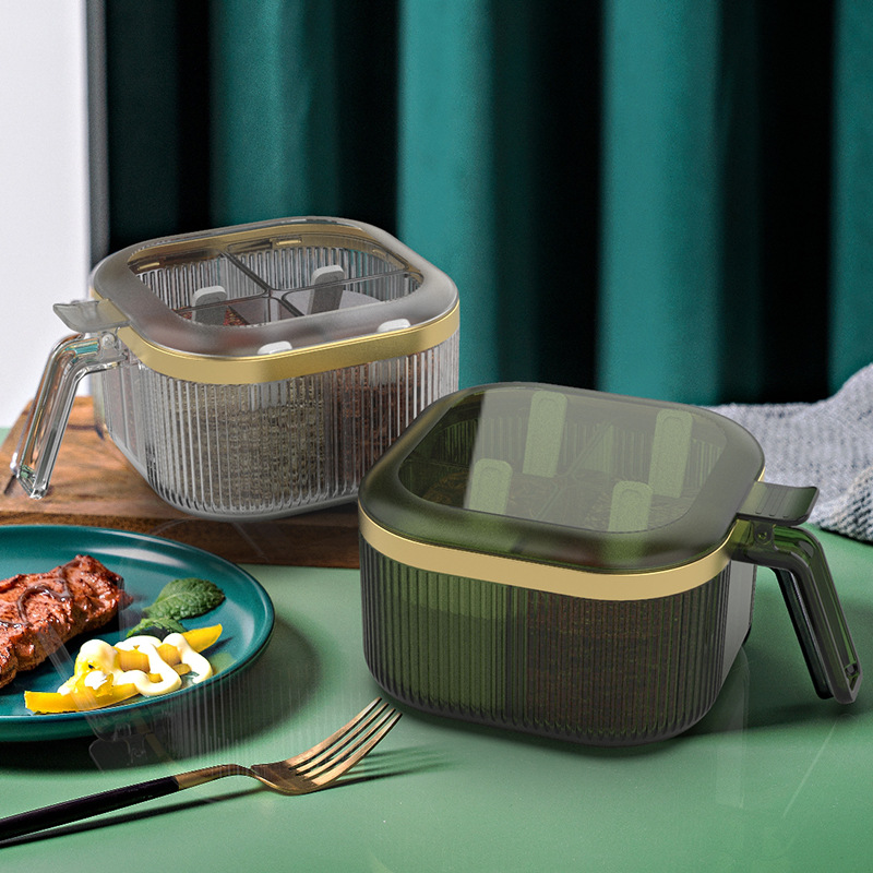 Seasoning Organizer Box Salt and Pepper Set Integrated 4 Grid with Spoon Spice Jar Condiment Dispenser Kitchen Home Container