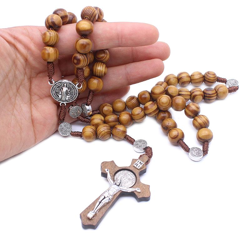 Handgemaakte Ronde Bead Katholieke Rozenkrans Kruis Religieuze Hout Kralen Mannen Ketting Charm HX6D