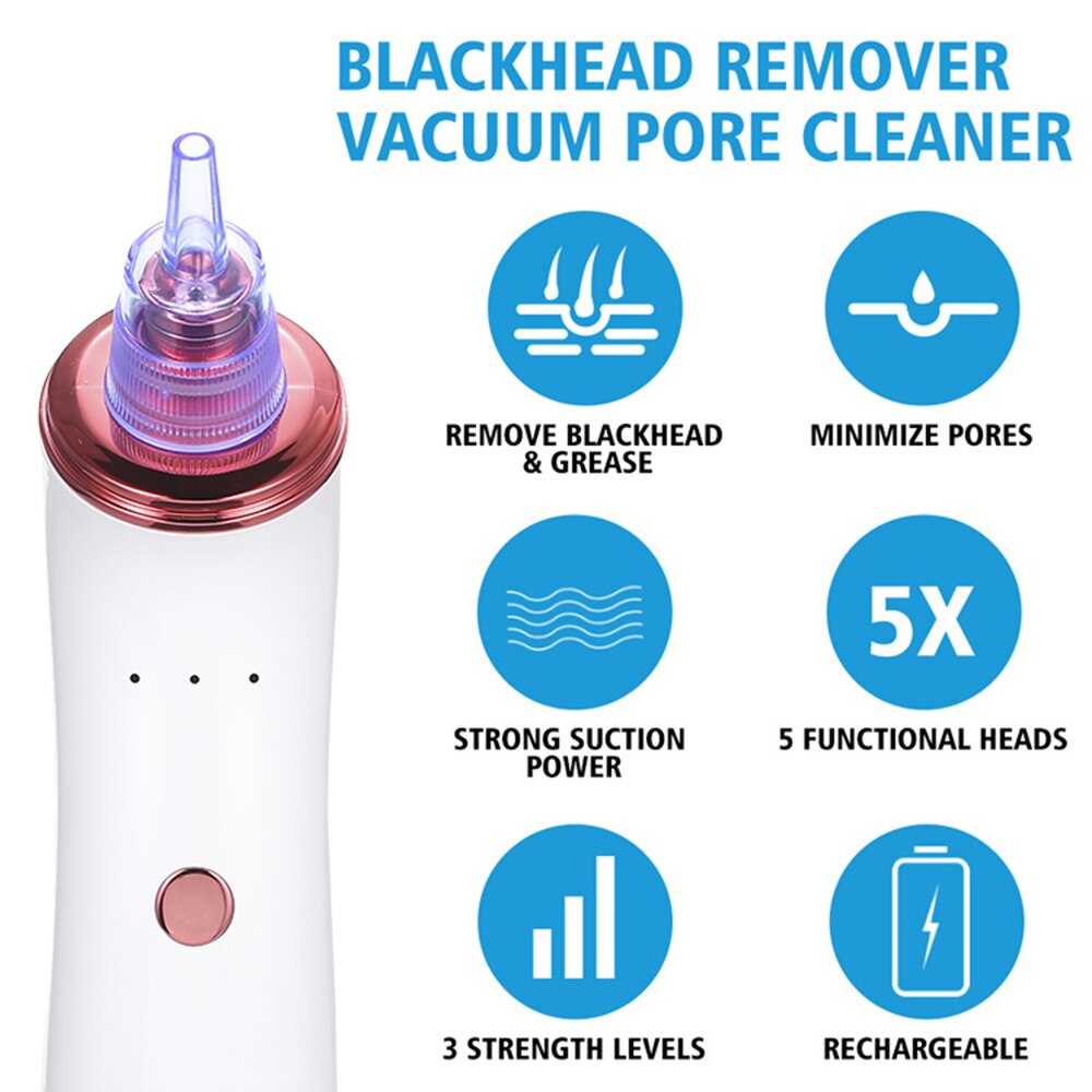 Electric Blackhead Suction Device with 5 in 1 Pimple Zit Comedone Extractor Tool Acne Removal Kit Blackhead Remover