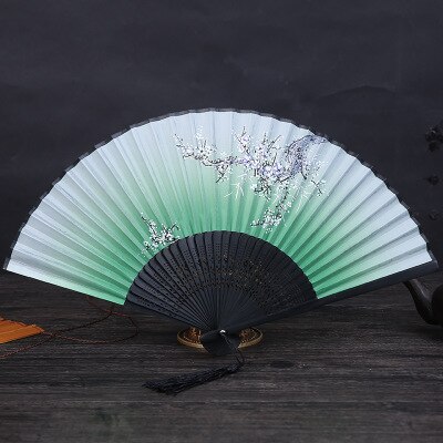 Abanico de bambú de estilo chino clásico, abanico plegable con estampado de flores para mujer, abanicos de mano para bailar, decoración artesanal para fiestas y bodas: green