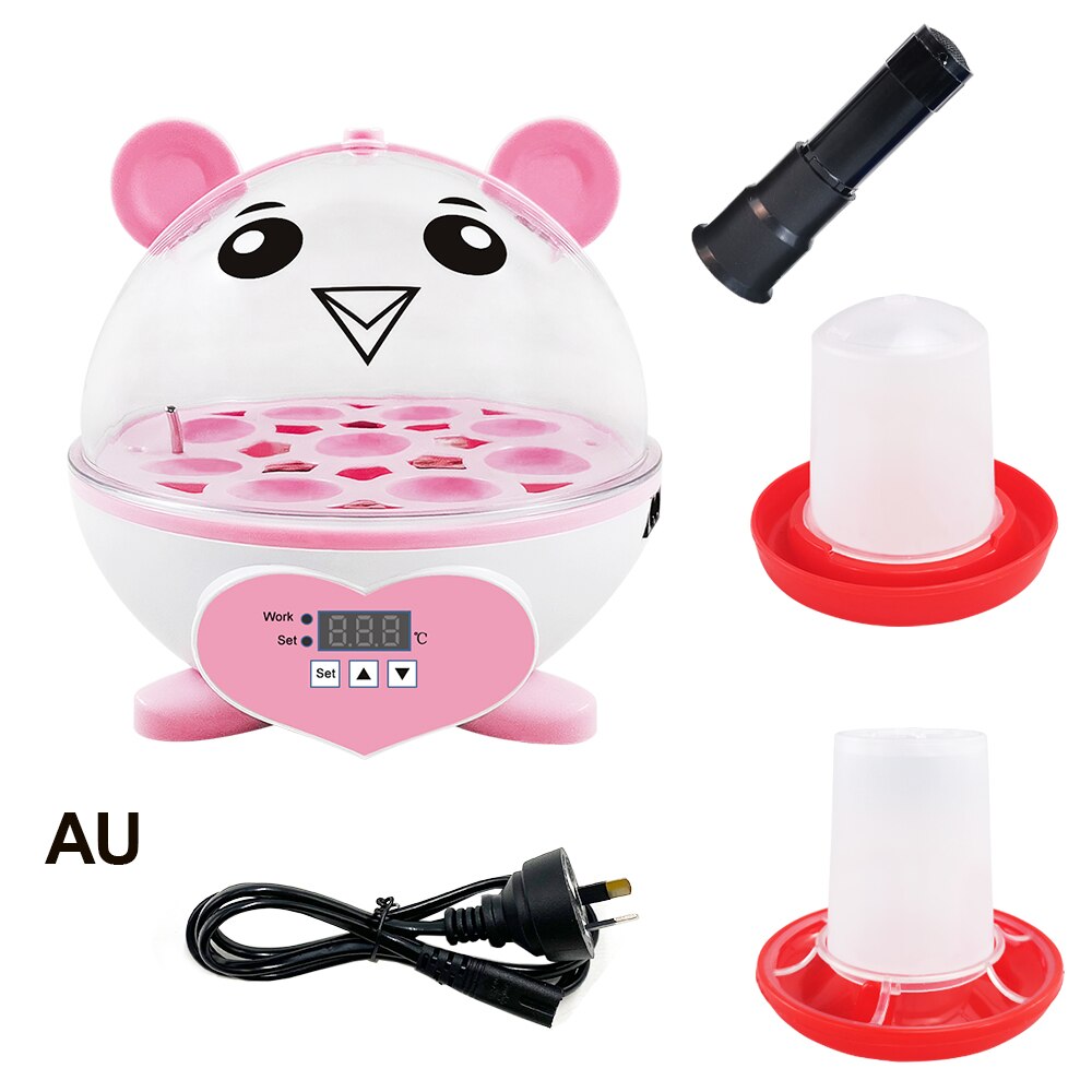 Cute Mini 9 Eggs Incubator Sets Incubation Brooder Egg Tester Chicken Duck Quail Birds Animal Egg Incubator Feeders: AU PLUG-PINK