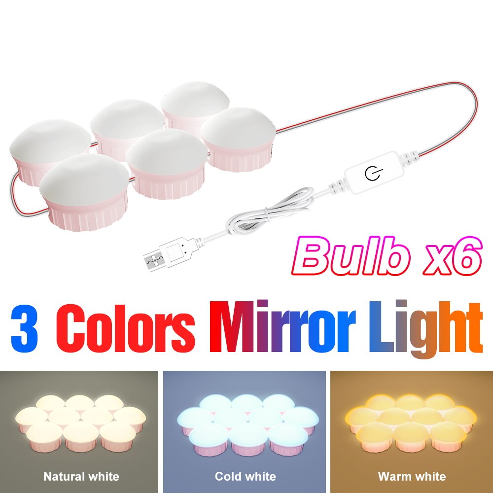 LED Makeup Mirror Lamp USB Bathroom Dressing Table Light Bulb Dimmable Hollywood Vanity Mirror Lamp For Home Decoration Lighting: 3 Colors 6 Bulbs
