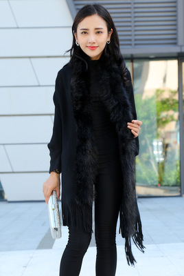 Forår damer faux fur krave cape sjal cardigan grå kvinder kvaststrik cardigan sweater poncho vinter varm frakke: Sort