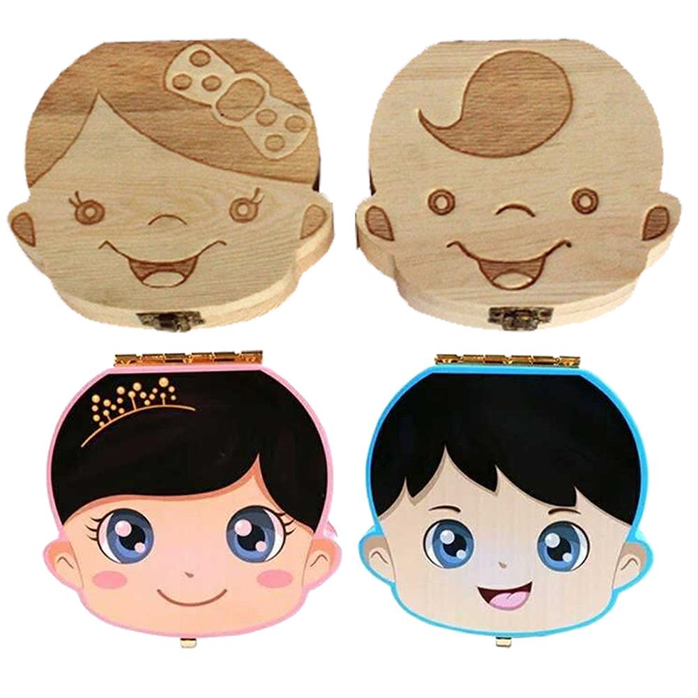 Wood Tooth Box 4 Patterns Baby Kids Tooth Box Storage Baby Milk Teeth Collect Organizer Spanish English French Russian Case