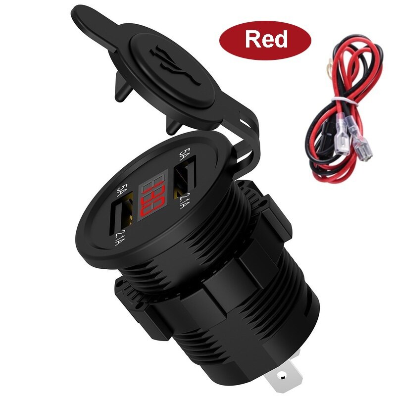 Dual Usb Lader Sigarettenaansteker Stopcontact 4.2A Met Voltmeter & Draad In Lijn 10A Zekering Voor 12-24V Auto Boot Motorfiets: red