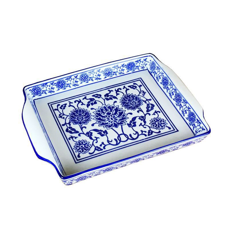 Ceramic tray storage tray rectangular retro blue and white porcelain household tea set wine tray