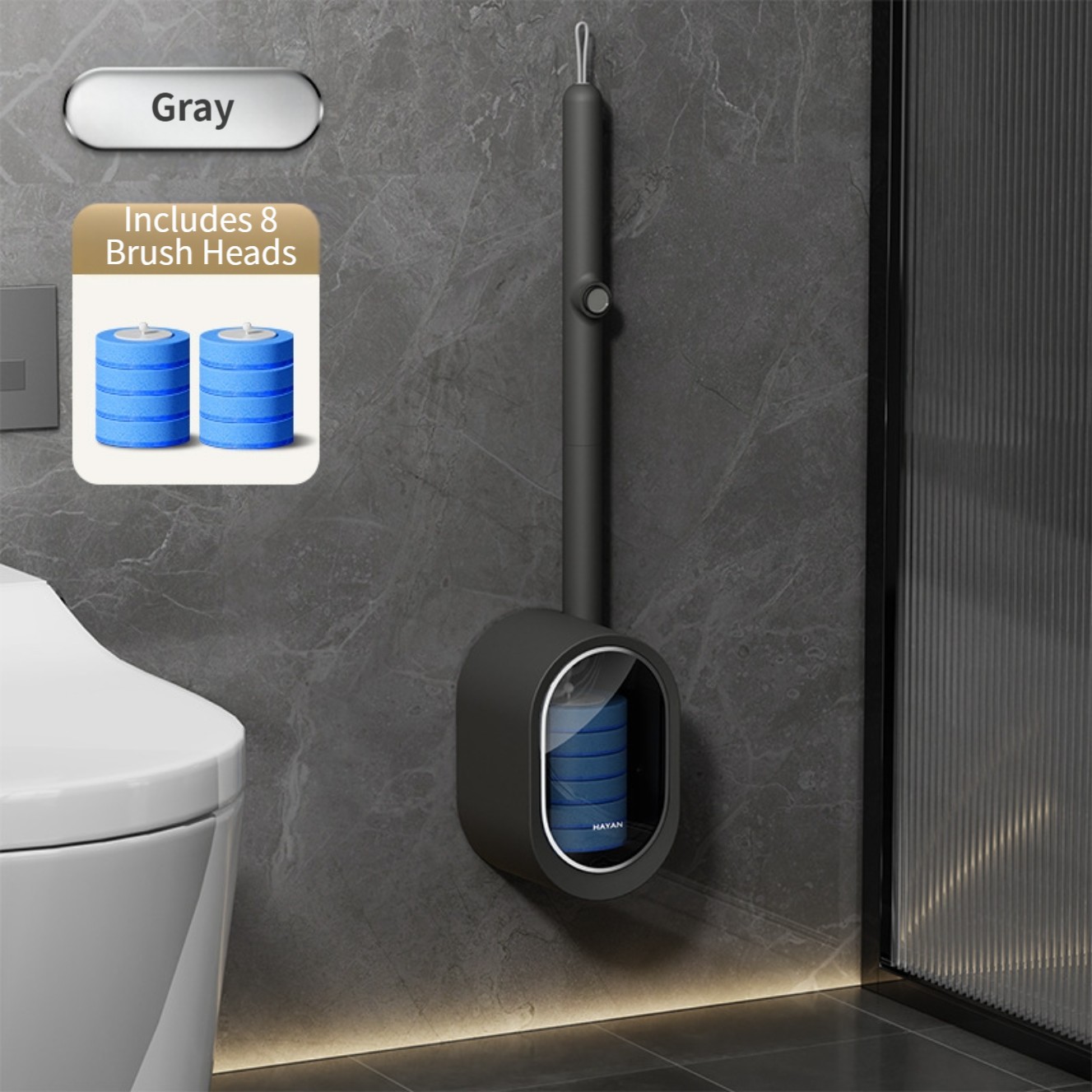 Kit per la pulizia del bagno con scopino usa e getta montato a parete, senza installazione di trapano e soluzione di pulizia incorporata