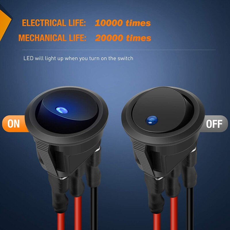 8PCS 12V 20A Round Blue Toggle LED Rocker Switch On-Off Control SPST 3Pins for 12V Car Truck Boat with 24PCS Wires