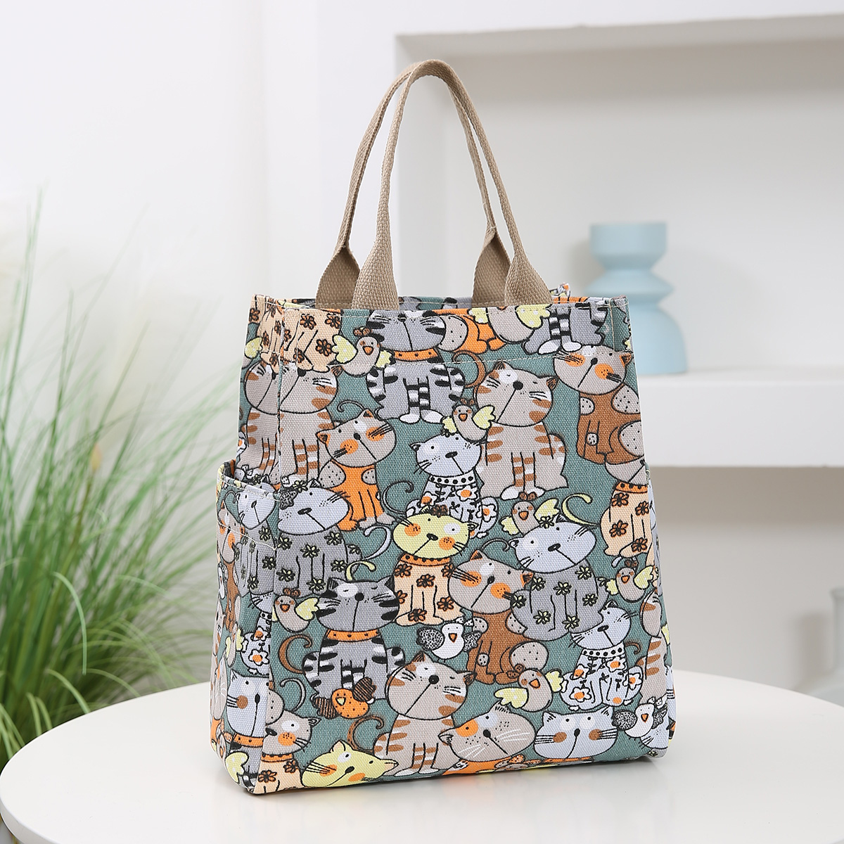 Bolsa de almuerzo con estampado de dibujos animados, bolsa Bento de lona portátil, bolso informal para mujer y bolso de mano para escuela, oficina, picnic