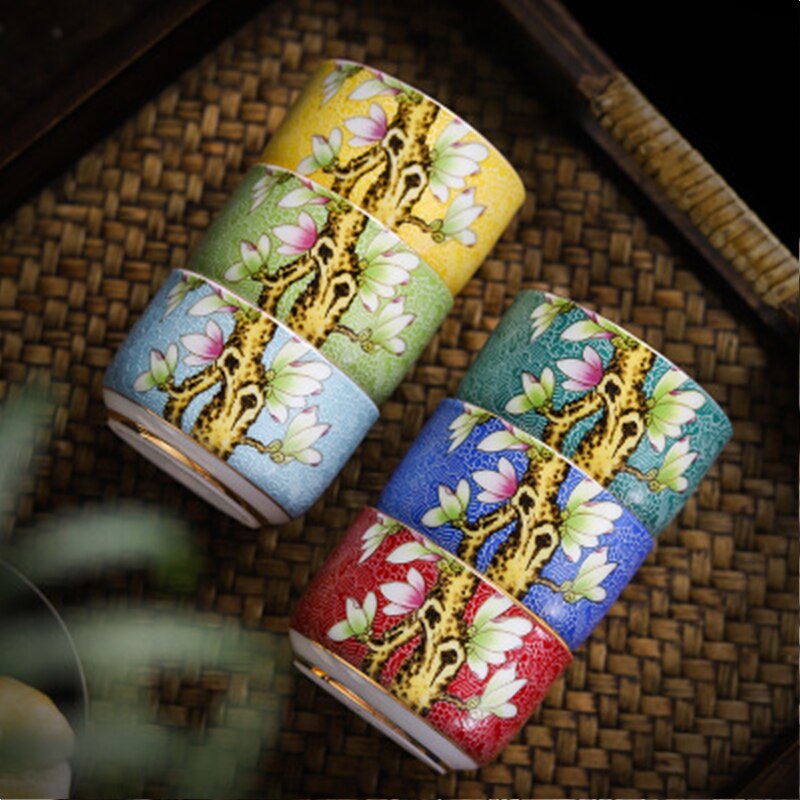 6pc Tea cup set Jingdezhen Enamel Color High Phnom Penh Ceramic Cups Hand-painted Tea Bowl Set Chinese Kungfu Tea Set: 6 colors each 1 pcs