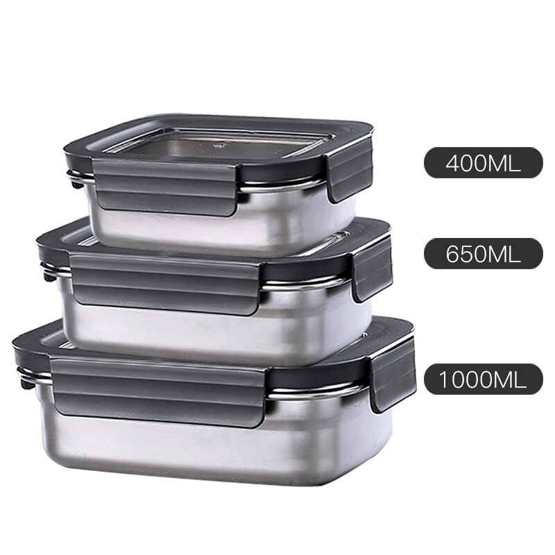 Refrigerator Food Container Set 304 Stainless Steel Meat Freezing Storage Containers with Lids Kitchen Keep Fresh Airtight: 3 - PCS flat shape