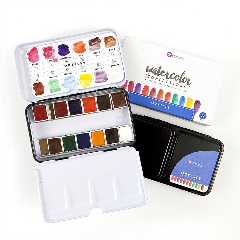 Paket importerad genomskinlig solid akvarell färg kostym 12 färger/set skiss bärbar resa handbok målning: Odyssey