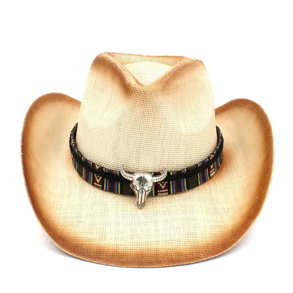 Sombrero vaquero de paja con banda de cuero de para Hombre y mujer, Sombrero occidental, gorros de vaquera, talla 58CM: C6-BCR