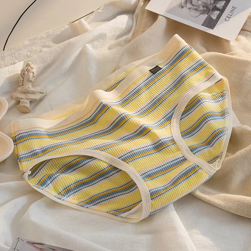 Damen-Unterwäsche aus Baumwolle, Mädchen-Höschen in Kontrastfarbe, Komfort-Höschen, modische Streifen, rutscht, weibliche Dessous: L / Beige