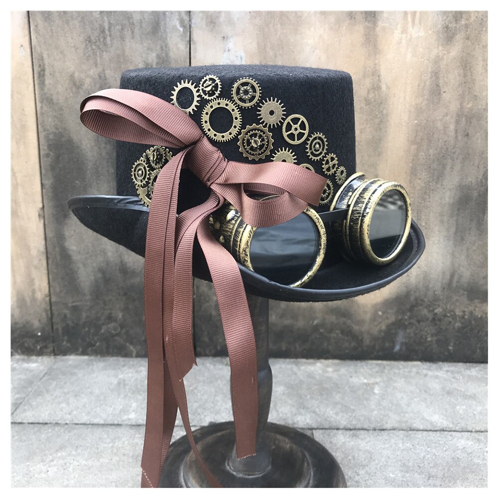 Women Handmade Steampunk Top Hat With Gear Glasses And Ribbon Stage Magic Hat Bowler Hat Cosplay Hat  Steampunk Hat