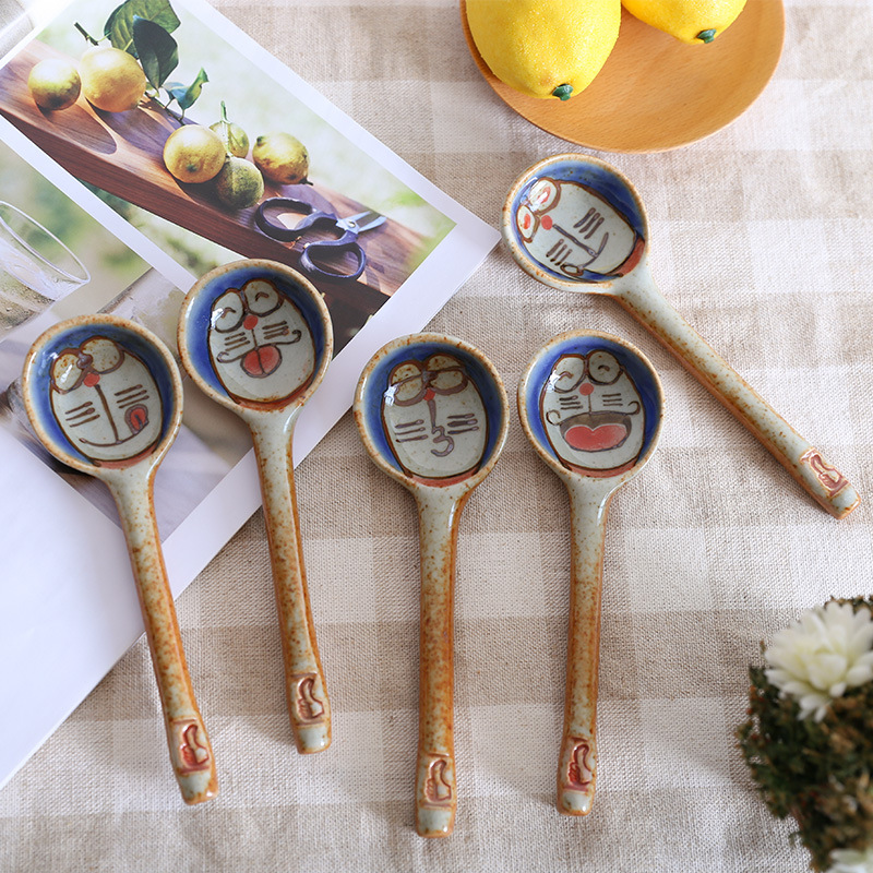 Handmade Ceramic Spoon Hand Painted Japanese Cartoon Cat Household Product Long Handle Spoon Kitchen Tableware 1 Piece: random style1
