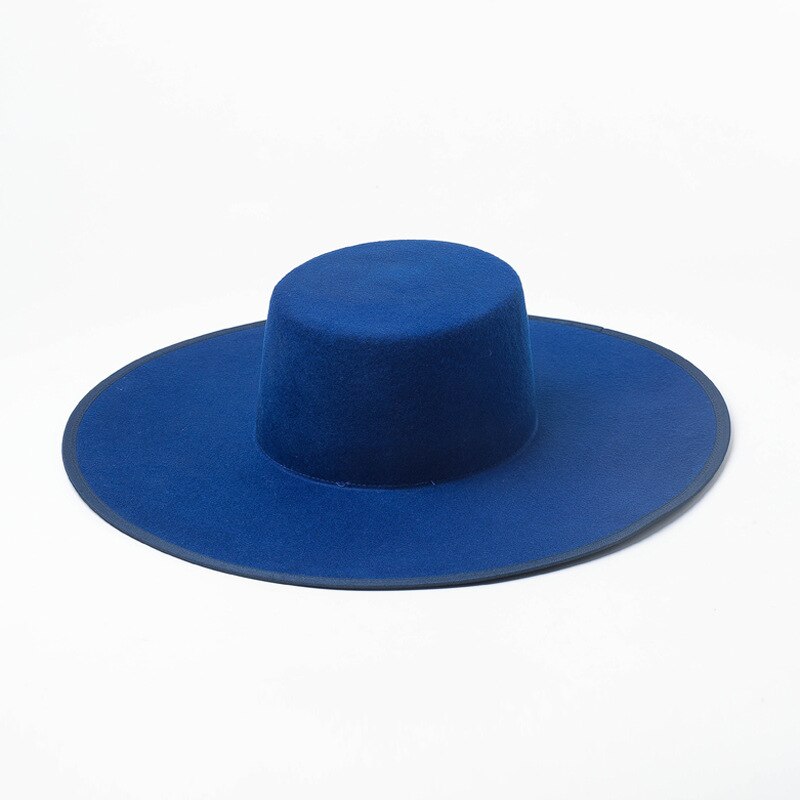 Blue Real Wool Flat Fedora Hat Men Wome Solid color Big Wide Brim Felt Hat Derby Party Church Hat Adjustable Panama Jazz Hat