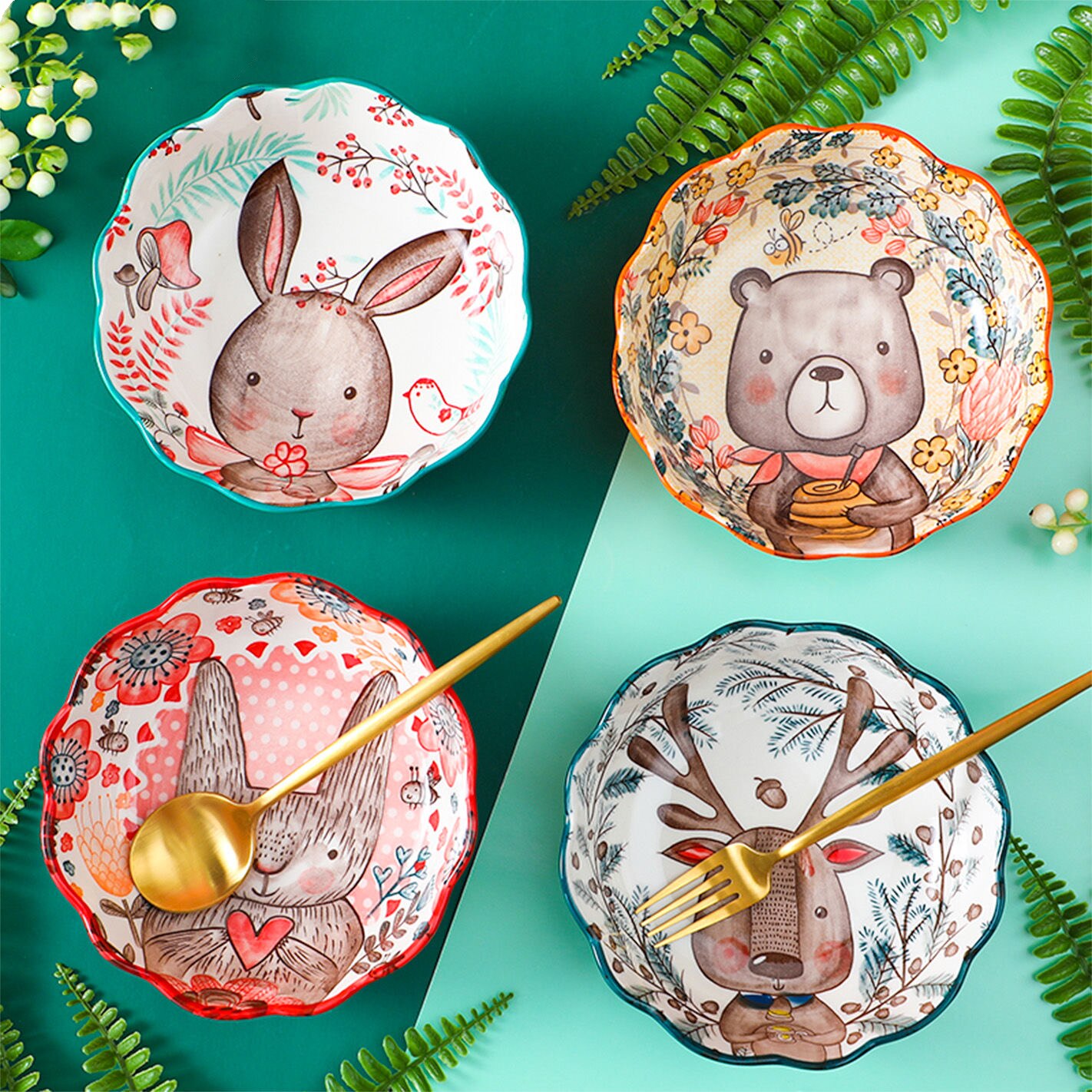 Ceramic Salad Bowl Forest Animal Porcelain Soup Bowls Children Kitcehn Rice Dessert Snack Mixing Bowl Kitchen Supplies