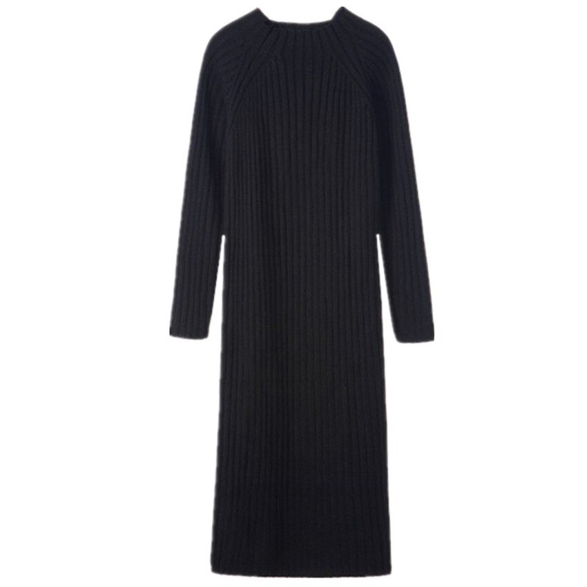 Warm Autumn Winter Slim Knitted Sweater Long Dresses Draped Straight Dress Mid-Calf Black White Thick Casual Dress Mw016: Black / S