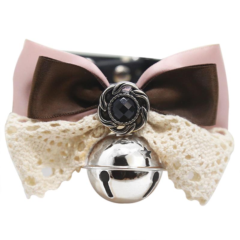 Cute Pets Cat Dogs Adjustable Collar Leather Bowtie Necktie Plaid Lace Bowknot with Bell for Wedding Party Cat Dog Grooming Tie: Pink   Silver bell / S